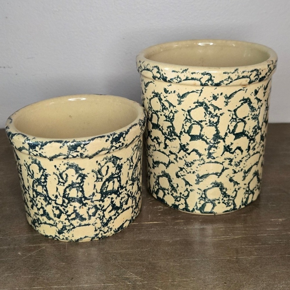 Robinson Ransbottom RRP Blue Spongeware Stoneware Crocks Set of 2 USA